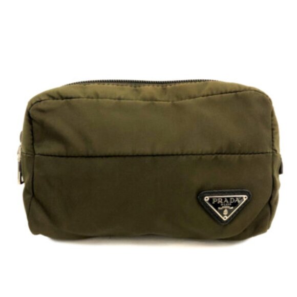 PRADA Logo Plate Nylon Cosmetic Pouch Bag Khaki/6BD1780 - Picture 1 of 8